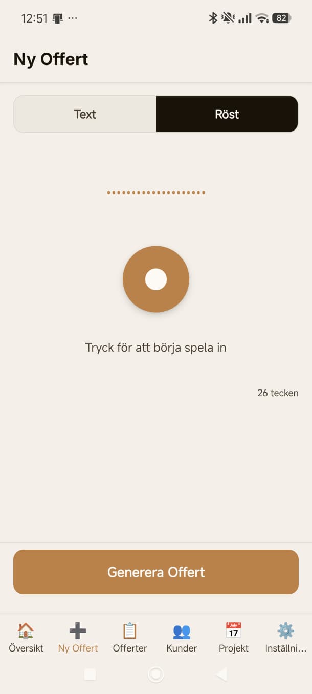 OffertDirekt-appen visar startsida för hantverkare med offertöversikt